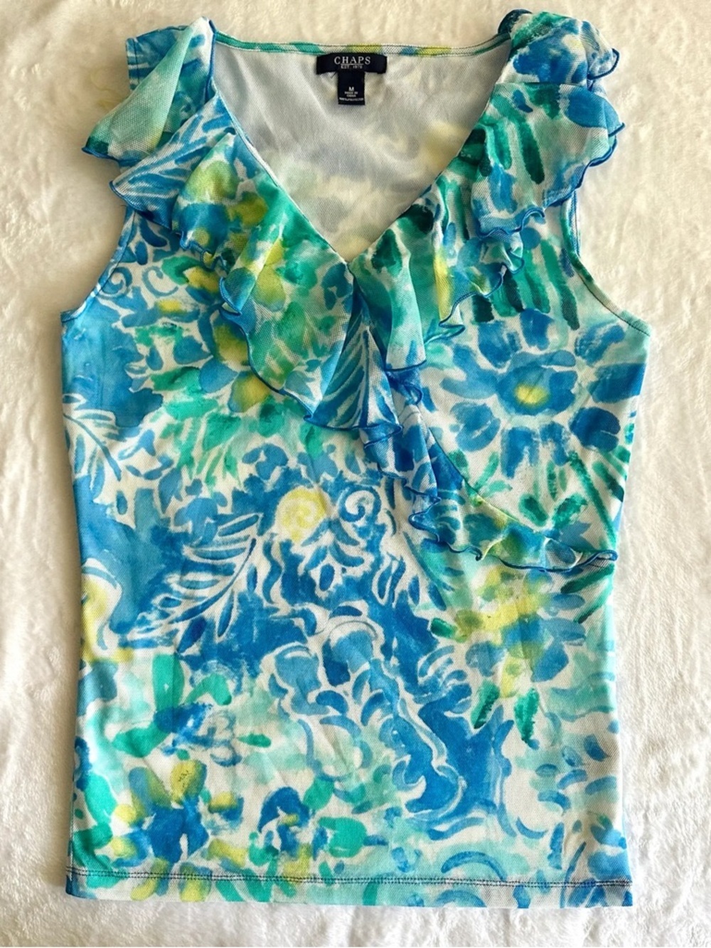 Y2K Chaps by Ralph Lauren Baby Doll Style Blue Green tie dye top | Size PL